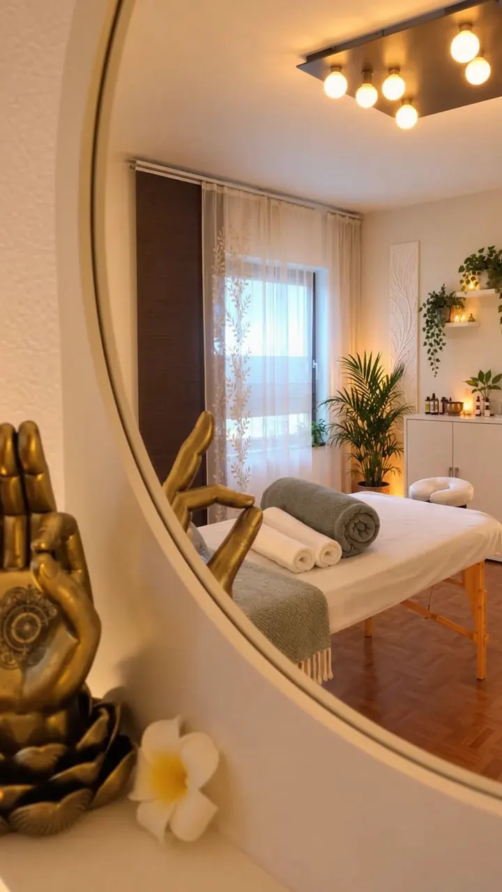 Der Behandlungsraum: Massageliege mit grüner Decke, Pflanzen und warmes Lampenlicht